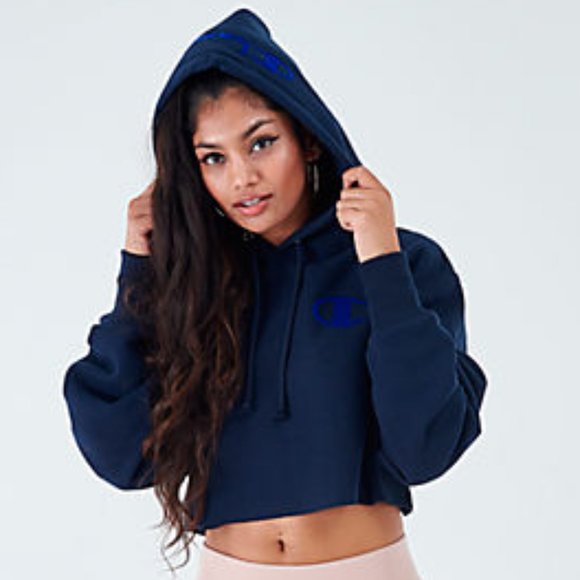 EUC Champion Cropped Navy Blue Script Hoodie XS - Picture 2 of 8